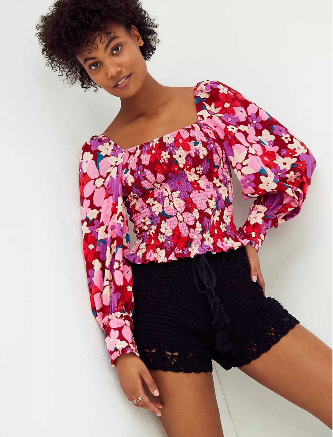 FREE PEOPLE Floral ARIANA SmockBodice PuffSleeve Top