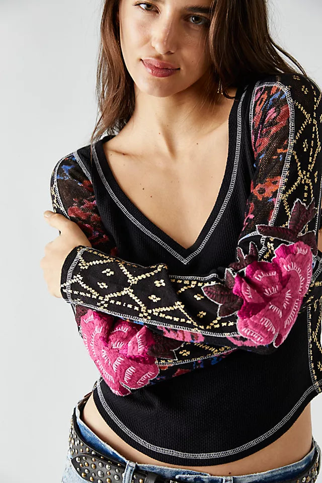 Free People AMARA Embroidered Sleeve Thermal V Neck Top