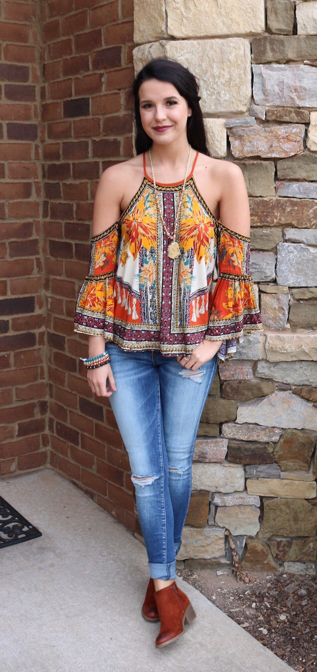 ENCORE PiecePrint ColdShoulder 3/4 FlareSleeve Top