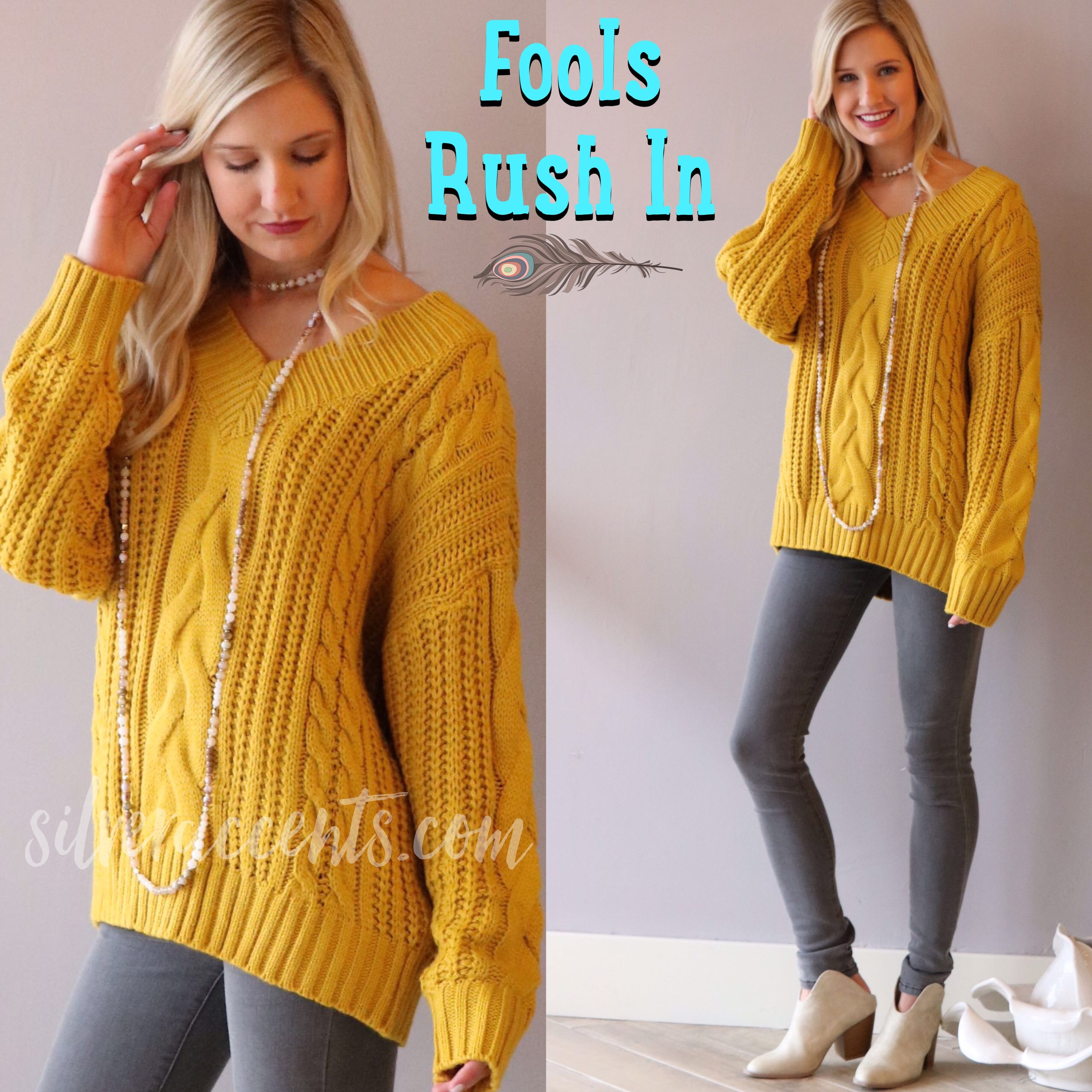 FOOLS RUSH IN CableKnit V-Neck Sweater Top