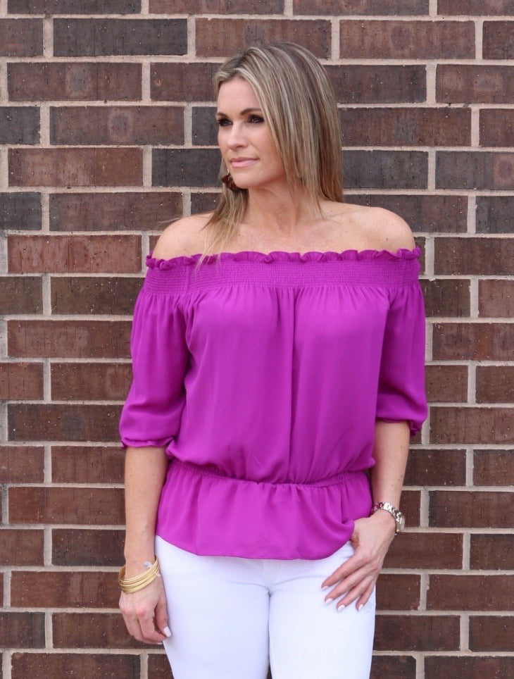 CHAPEL HILL OffShoulder RuffleHem Crepe Top