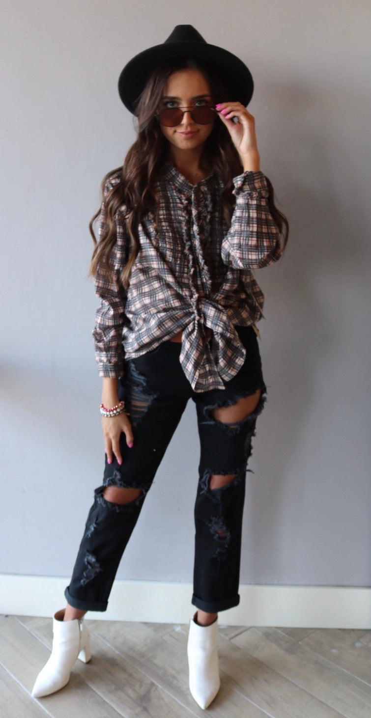 FREE PEOPLE Plaid MILES ButtonDown Tuxedo Shirt