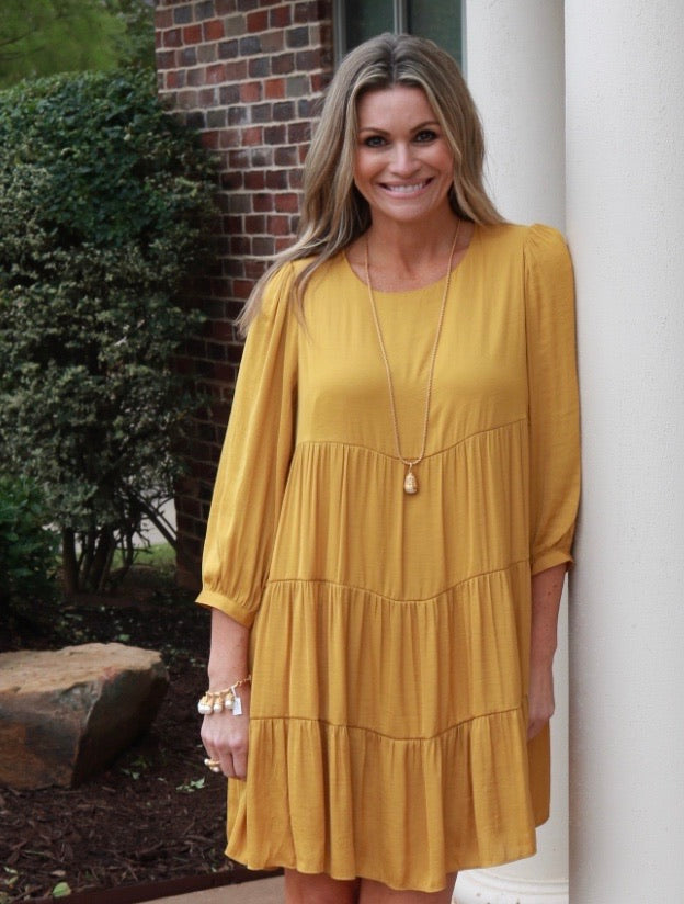 PYRAMID Tiered 3/4 Sleeve MatteSatin Dress