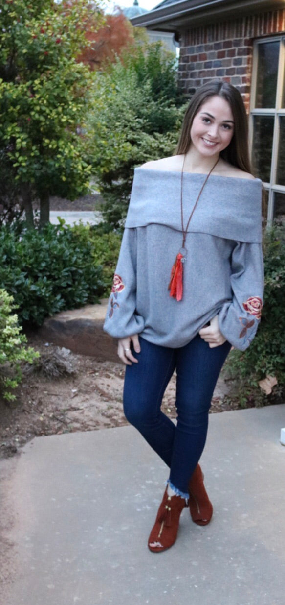 PARADIGM FoldOver OffShoulder Embroidered Floral Sleeve Sweater Tunic Top