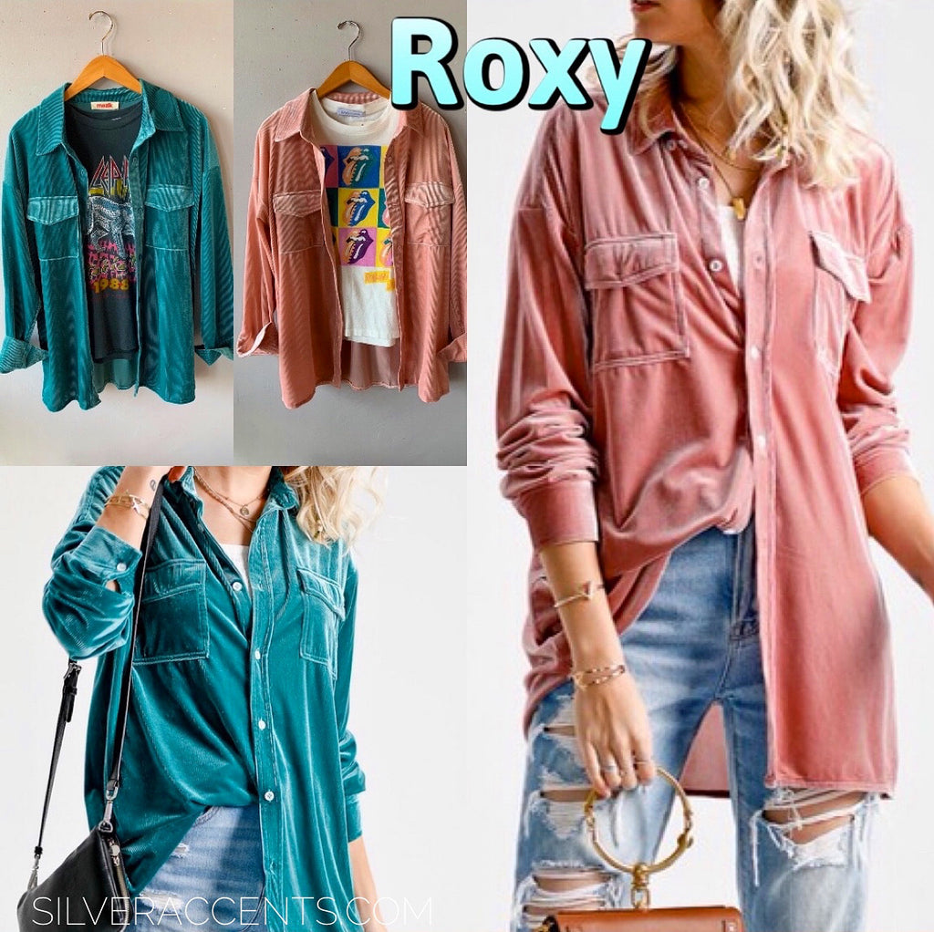 ROXY Rib Velvet ButtonDown Collared Top