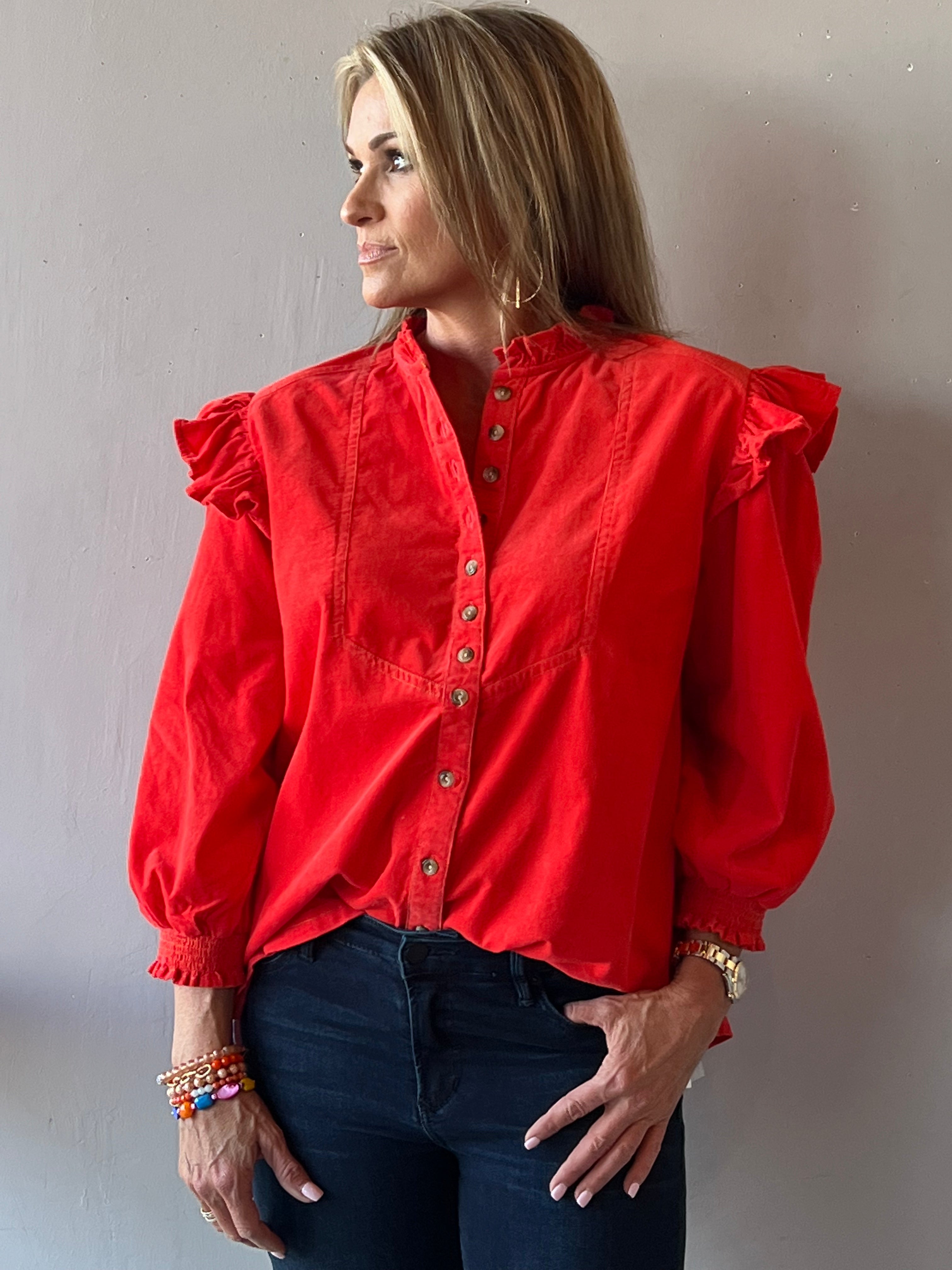 IVY JANE Corduroy FRIDAY Flounce~Shoulder ButtonDown Top