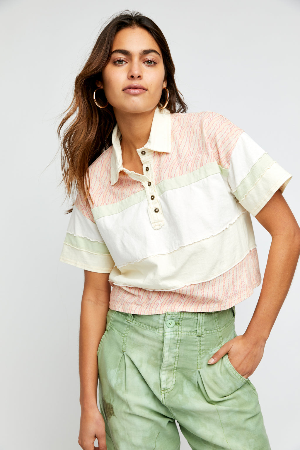FREE PEOPLE MixPrint BELLA Collar Henley Tee Top