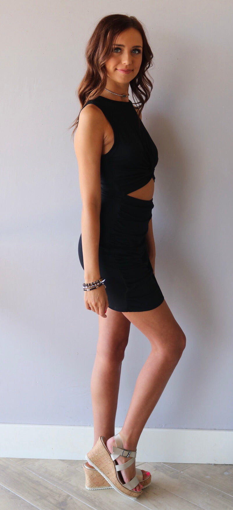 SECLUDED Twist Cutout Shirred Skirt JerseyKnit Dress