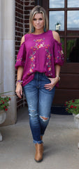 SKY’S THE LIMIT Embroidered Floral ColdShoulder Woven Top