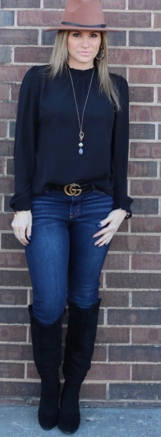 Main Strip PERSPECTIVE Ruffle HiNeck/Sleeve Chiffon Top