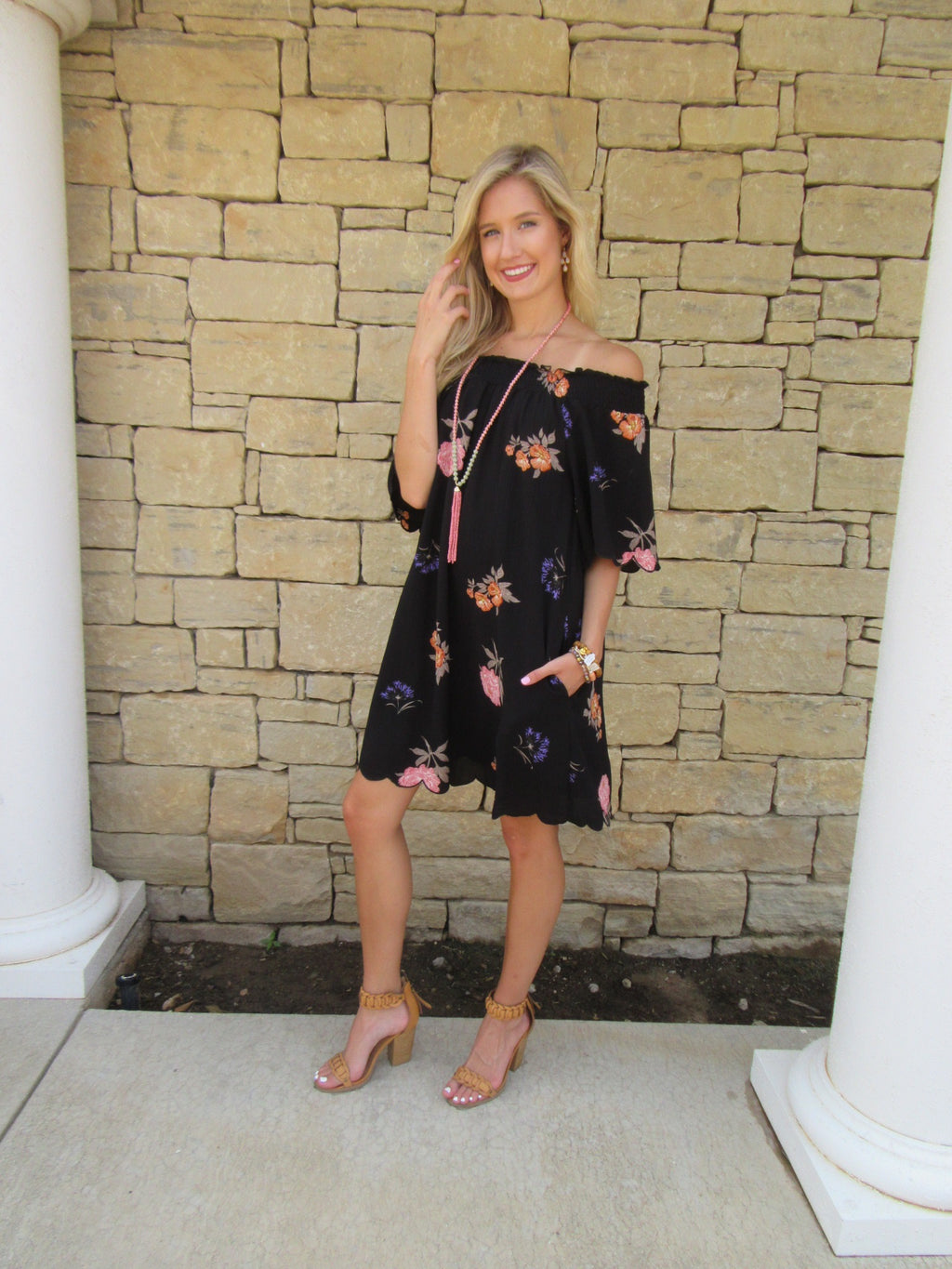 FREMONT Floral OffShoulder ScallopTrim Shift Dress