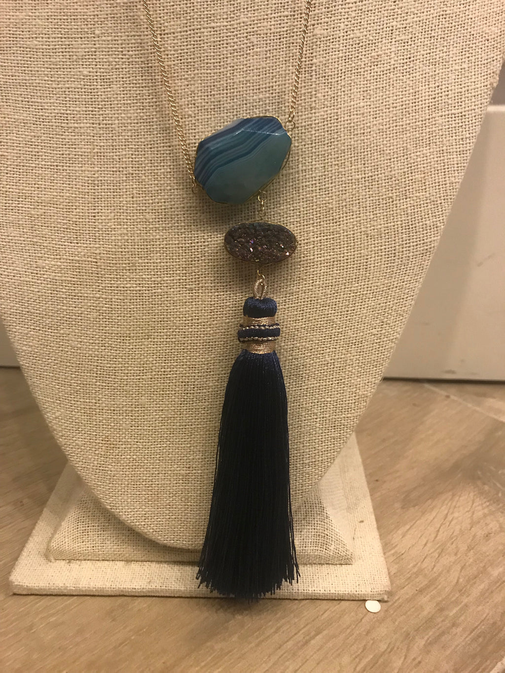 Druzy Stone and Blue Tassel Necklace