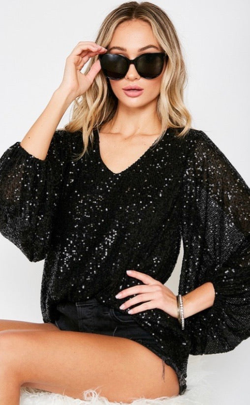 Sequin V-Neck Bubble Hem Top by Haver, Cleo