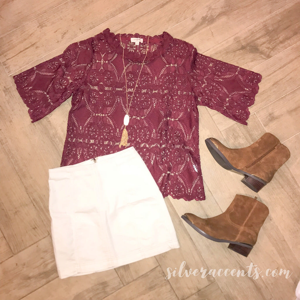 INITIATIVE Crochet Lace Elbow Sleeve CrewNeck Top