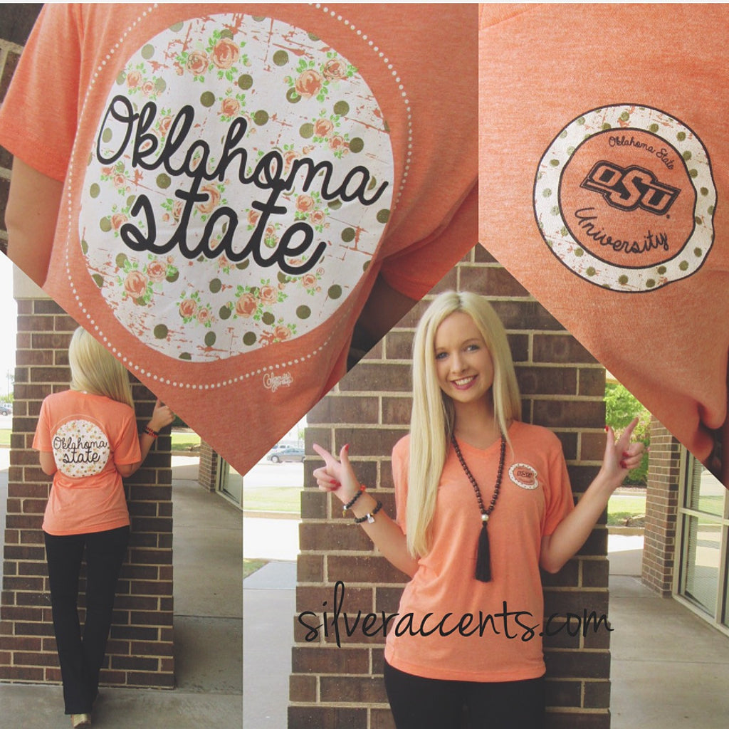 OKLAHOMA STATE Floral Circle Triblend V-Neck Tee Top