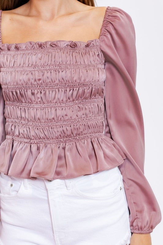 BRIDGERTON SquareNeck Shirred PuffSleeve Satin Top