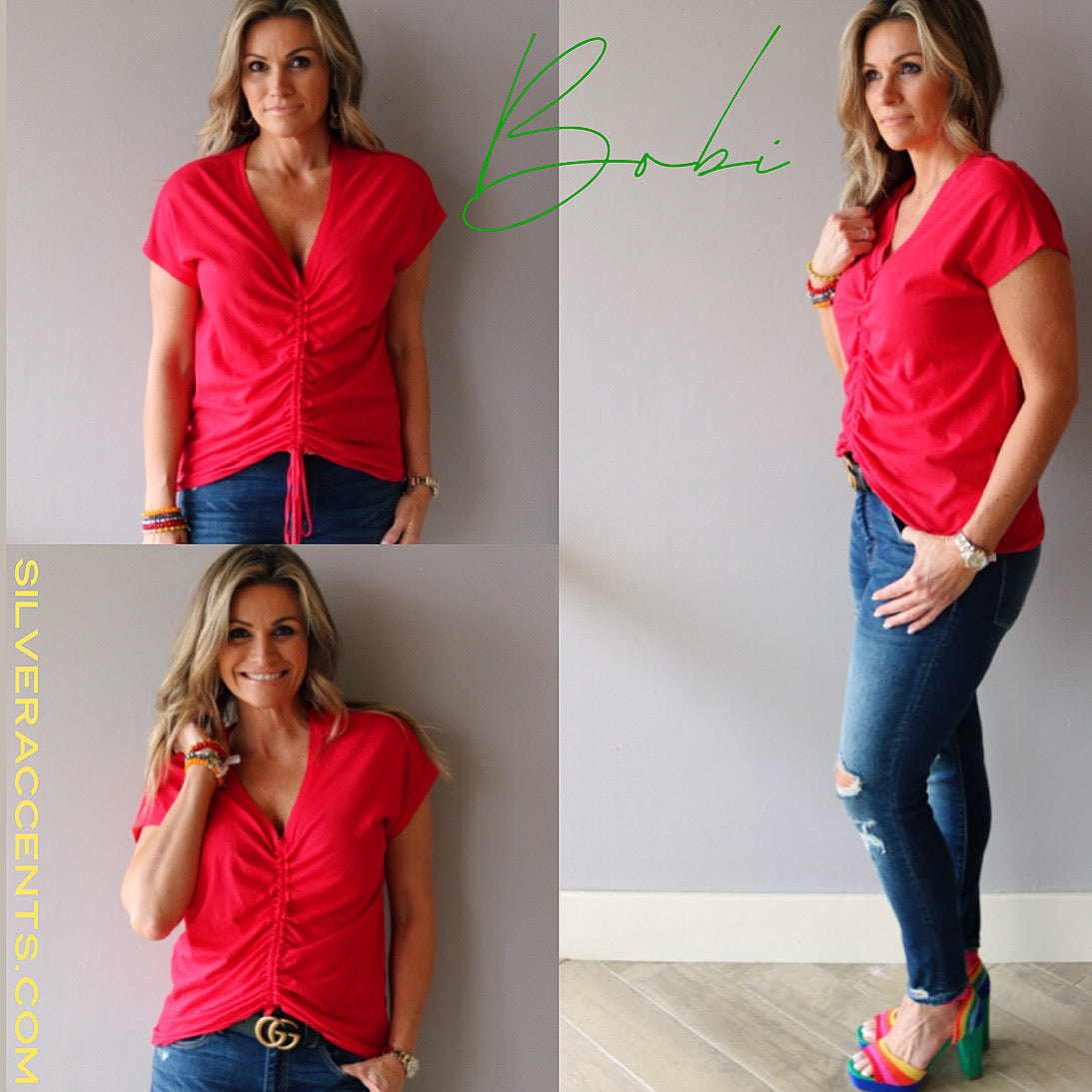 BOBI Lightweight Jersey MATCHED Drawstring Front V-Neck ShortSleeve Tee Top