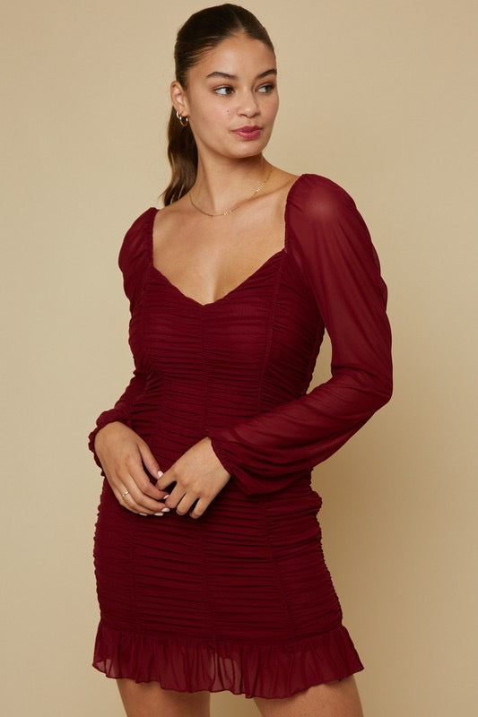 *DECLAN Ruched Mesh Ruffle Hem Dress