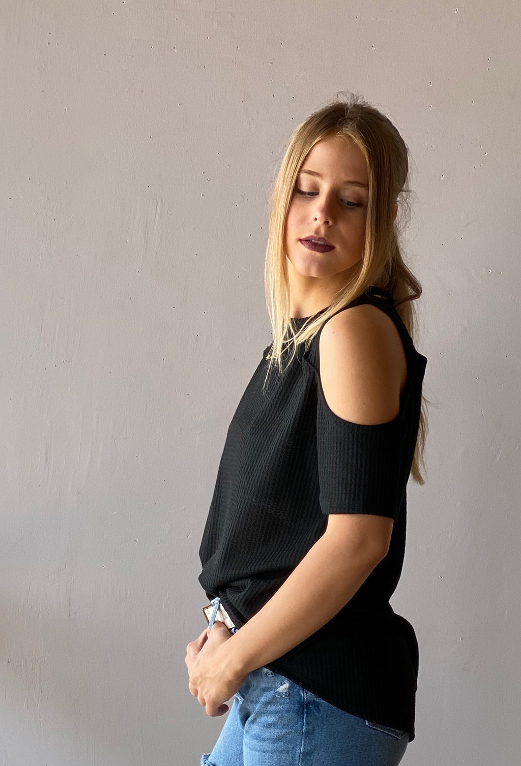 HALLELUJAH Strappy ColdShoulder WaffleKnit ShortSleeve Top