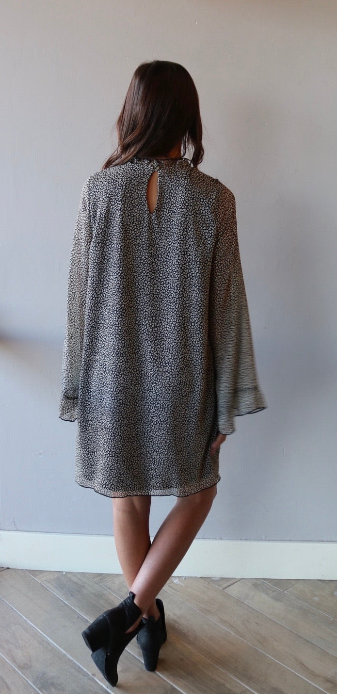 TOURIST Cheetah Ruffle MockNeck Chiffon Dress