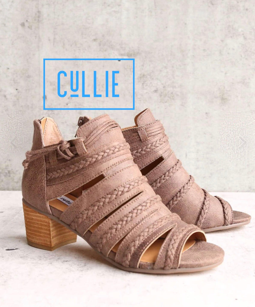 NOT RATED Taupe CULLIE Cutout Braided Peeptoe Bootie Shoe