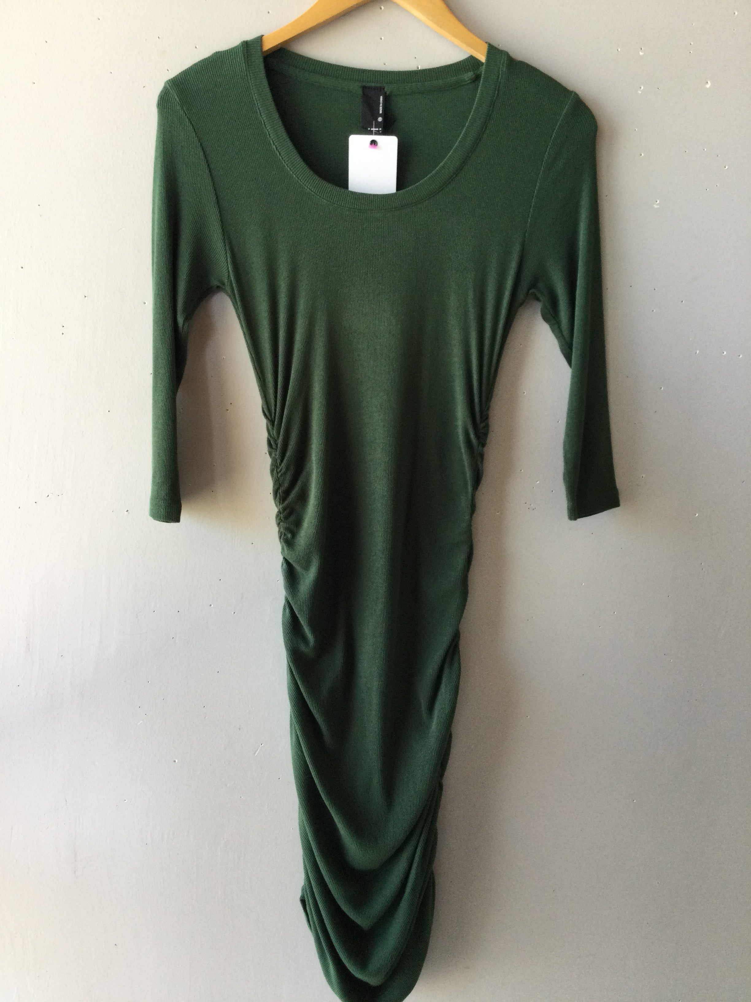 BOBI 3/4 Sleeve CONFRONT Shirred RibKnit Dress