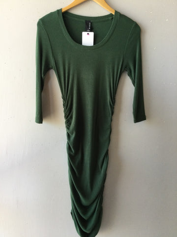 BOBI 3/4 Sleeve CONFRONT Shirred RibKnit Dress