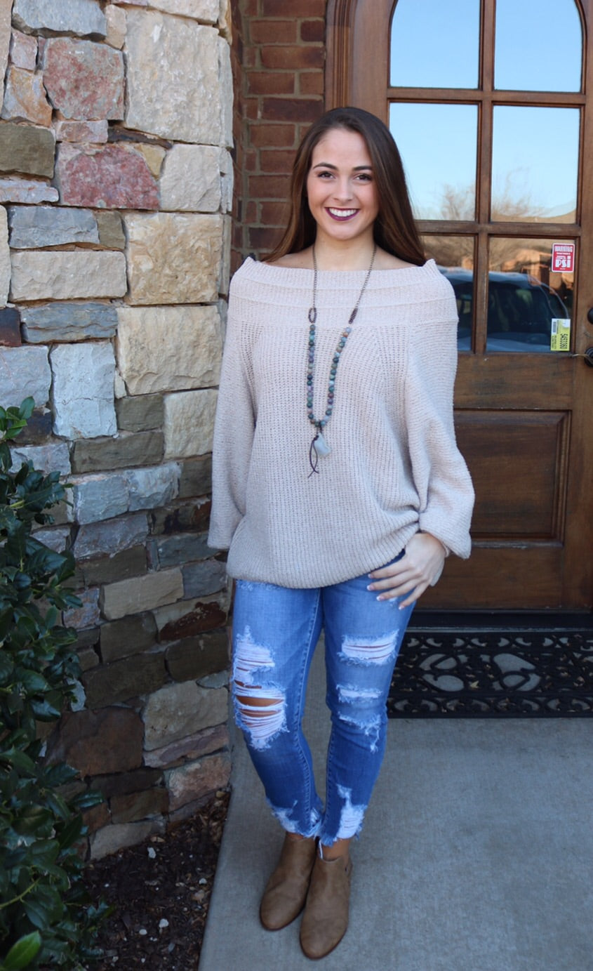 FIRESIDE OffShoulder/BoatNeck BubbleSleeve Knit Sweater Top