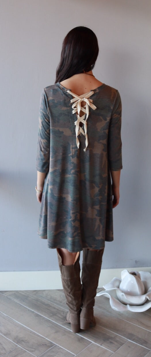 WEAVER Camo Print LaceUp Jersey A-Line Dress