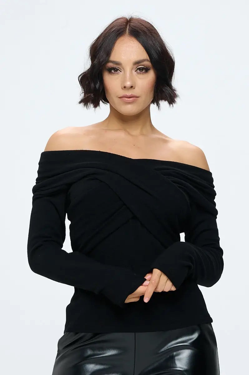 KASHMIR Wrap Off~Shoulder Brush~Knit Top