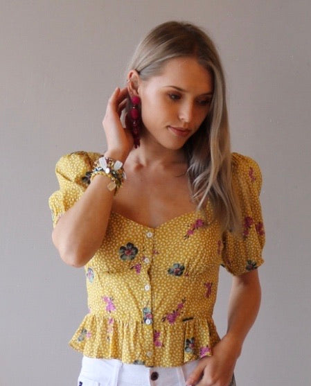 Lush NONI Floral/PolkaDot Sweetheart Neck ButtonDown Ruffle Peplum Top