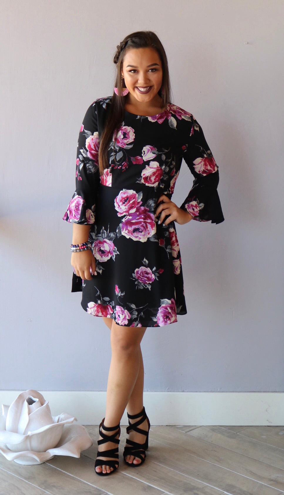 INFLUENCE Floral 3/4 BellSleeve Fit & Flare Dress