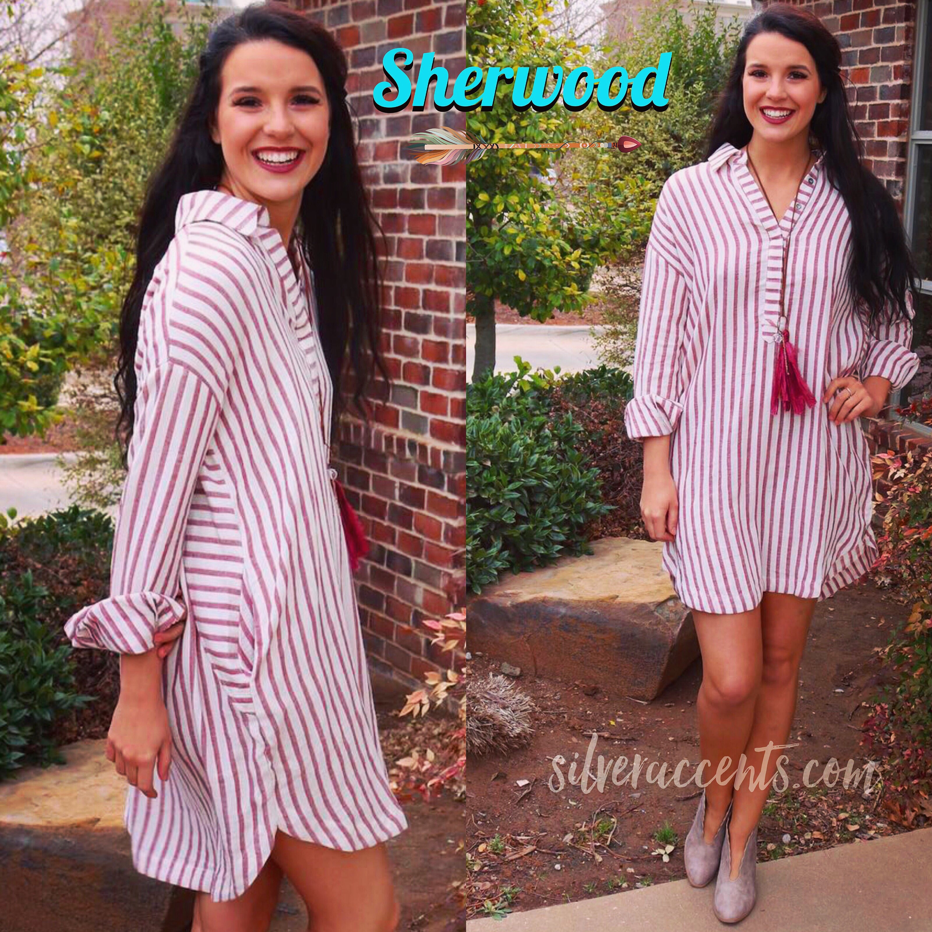 SHERWOOD Stripe SplitNeck ScoopHem Collared ShirtDress