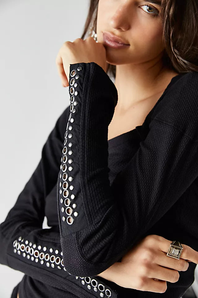 FREE PEOPLE Embellished Sleeve A LITTLE UNRULY SquareNeck Top