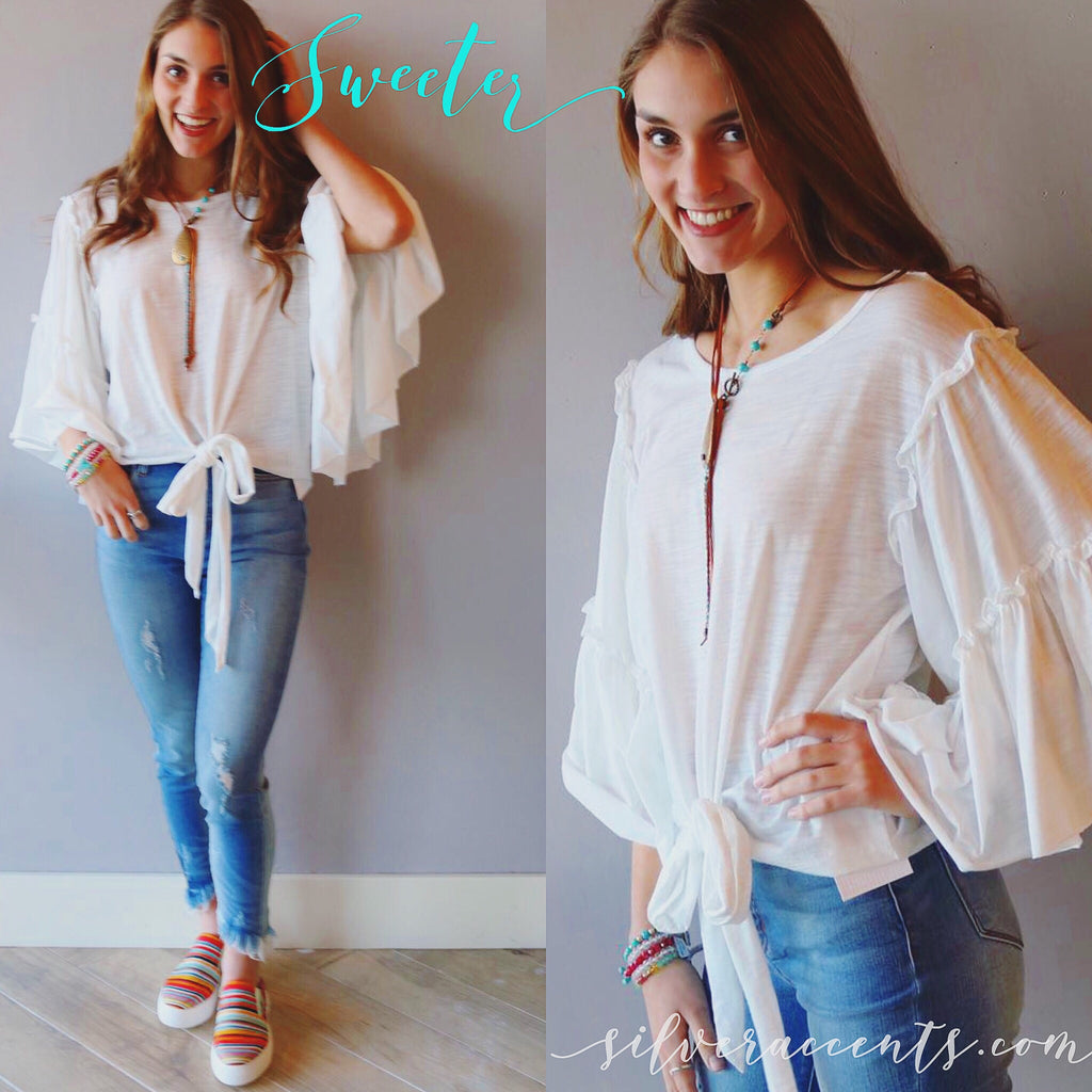 SWEETER Layered Ruffle BellSleeve TieBottom Slub Jersey Top