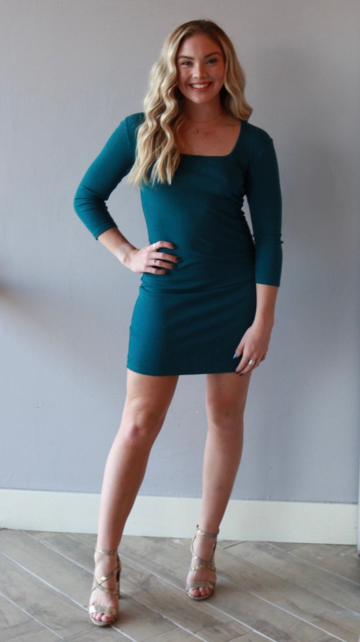 *BOBI SquareNeck STANCE 3/4 Sleeve RibKnit Dress