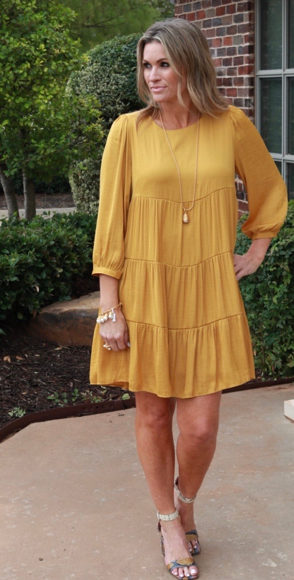 PYRAMID Tiered 3/4 Sleeve MatteSatin Dress