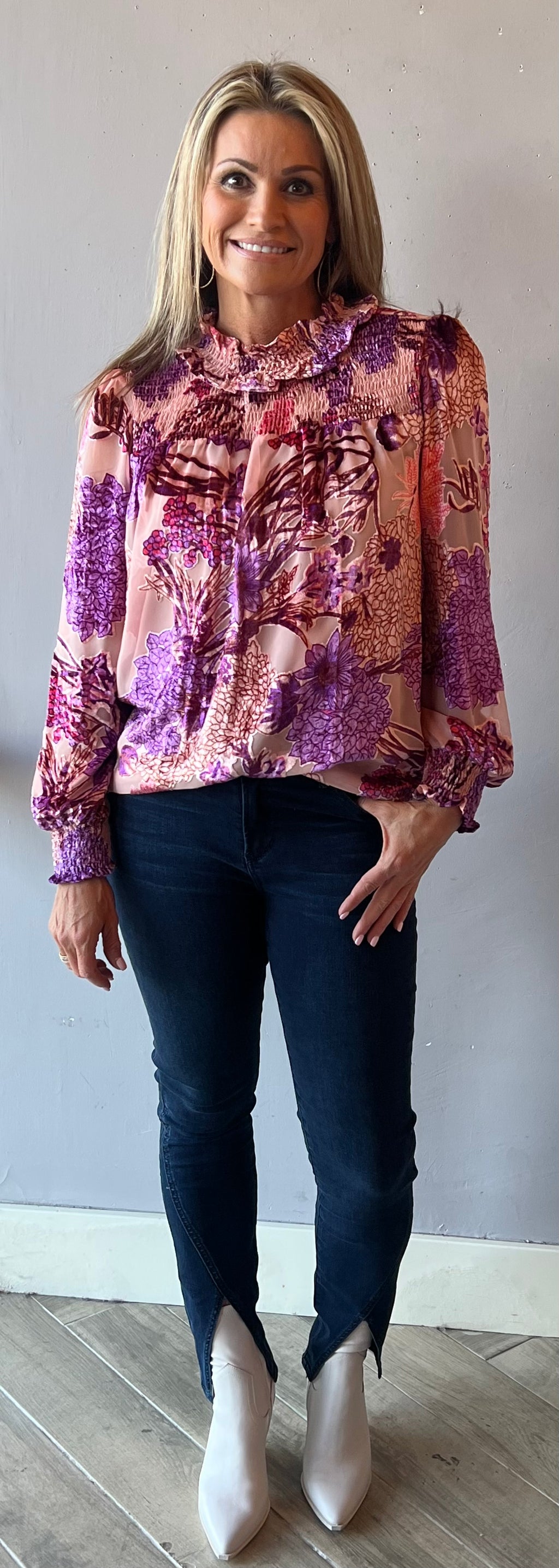 *IVY JANE Burn Out FROST Velvet Mock Neck Top