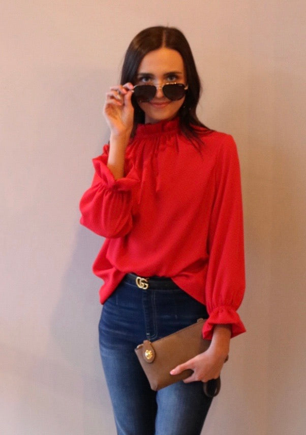 ESCAPE RuffleNeck/Sleeve 3/4 Sleeve Top