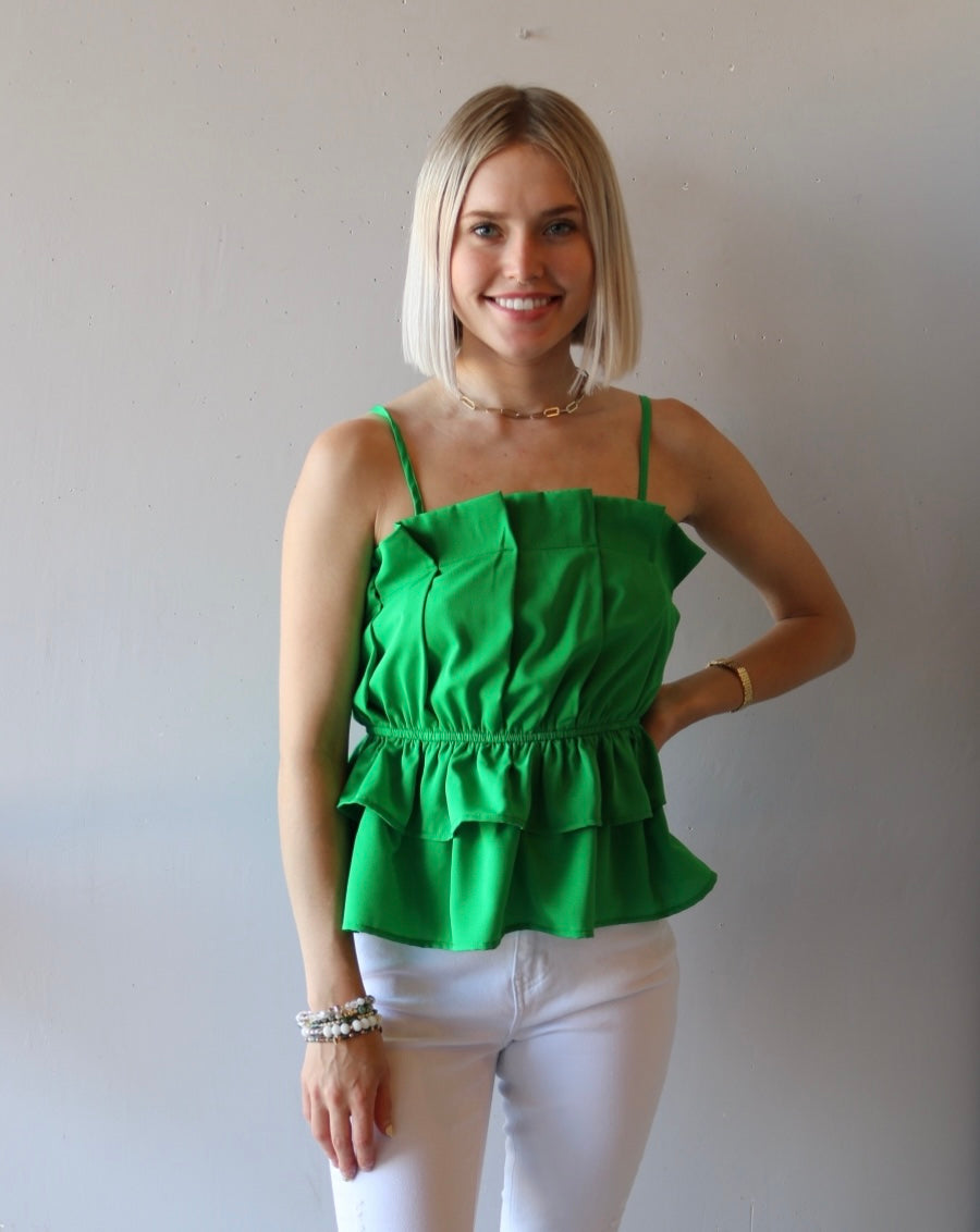 BLOOM Pleated Ruffle Bust SpaghettiStrap Poplin Top