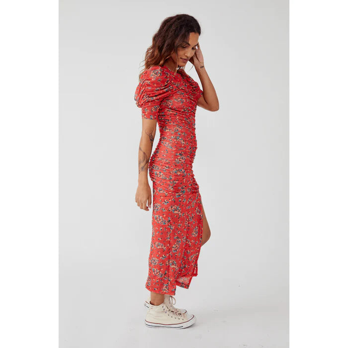 Free People BRIELLA Floral Rouched Mesh Midi Dress Free People BRIELLA Floral Rouched Mesh Midi Dress