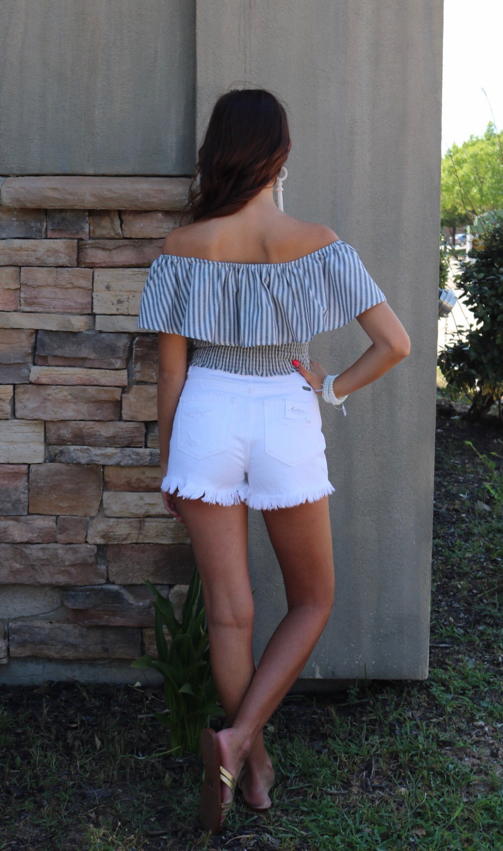 GAUNTLET Stripe Ruffled OffShoulder SmockBottom Woven Top