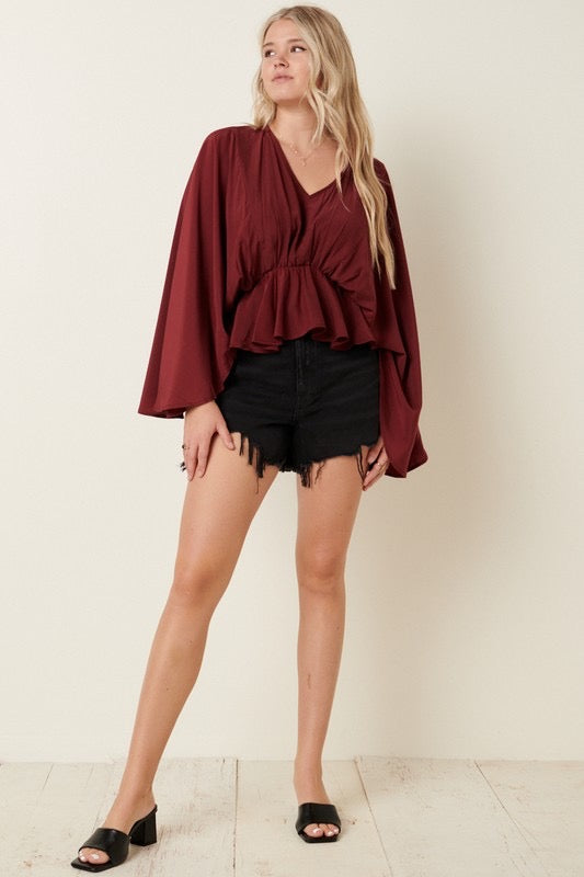 Restricted V-Neck Kimono Sleeve Top