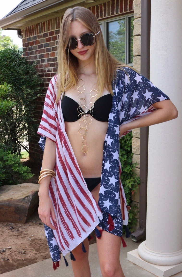 USA FLAG Tassel CoverUp Kimono Top