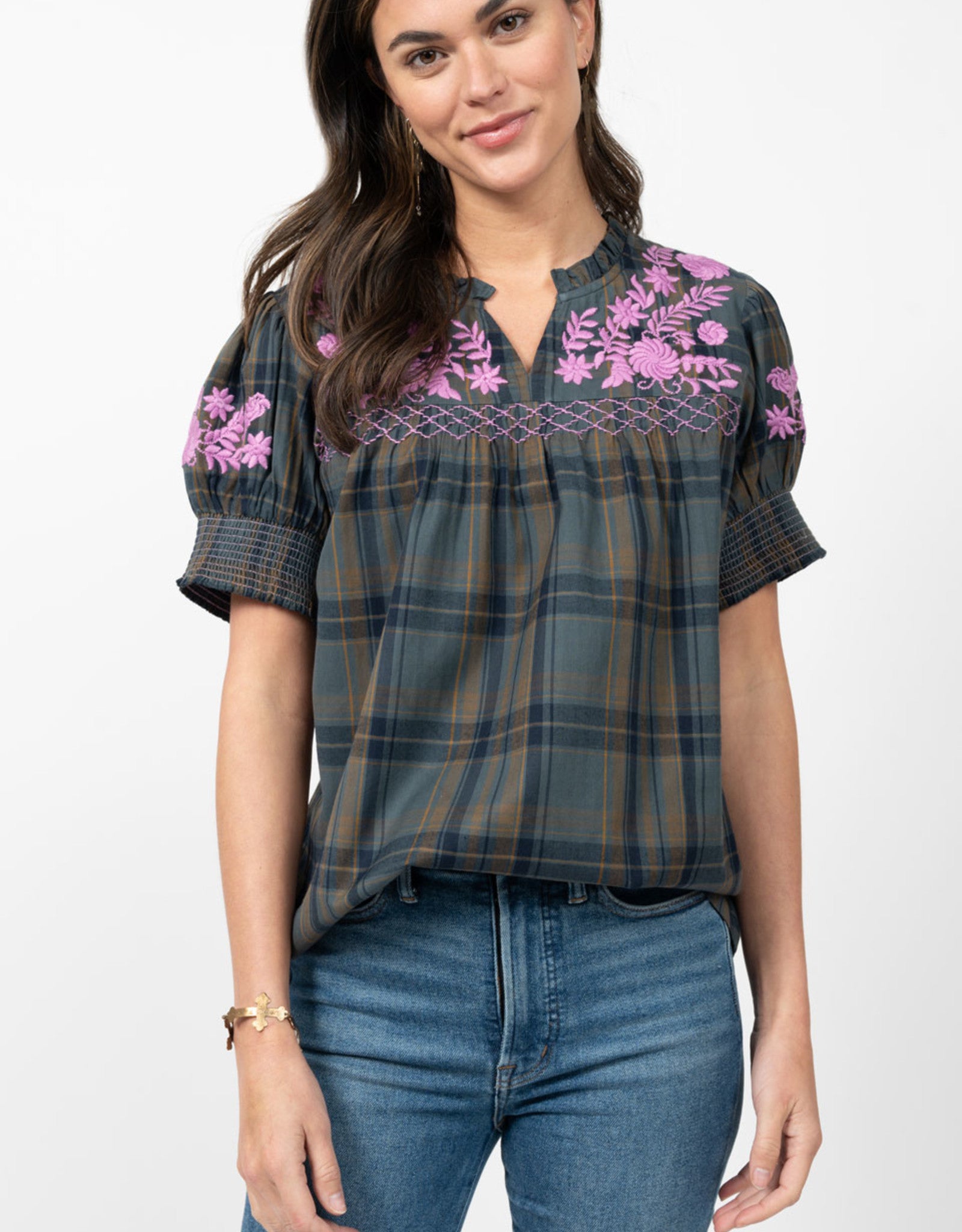 IVY JANE Floral Embroidered CAMILLA SmockSleeve Woven Top