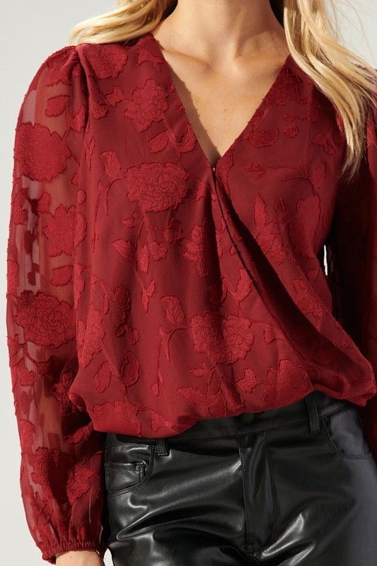 YOURS TRULY Burnout Floral Surplice Top