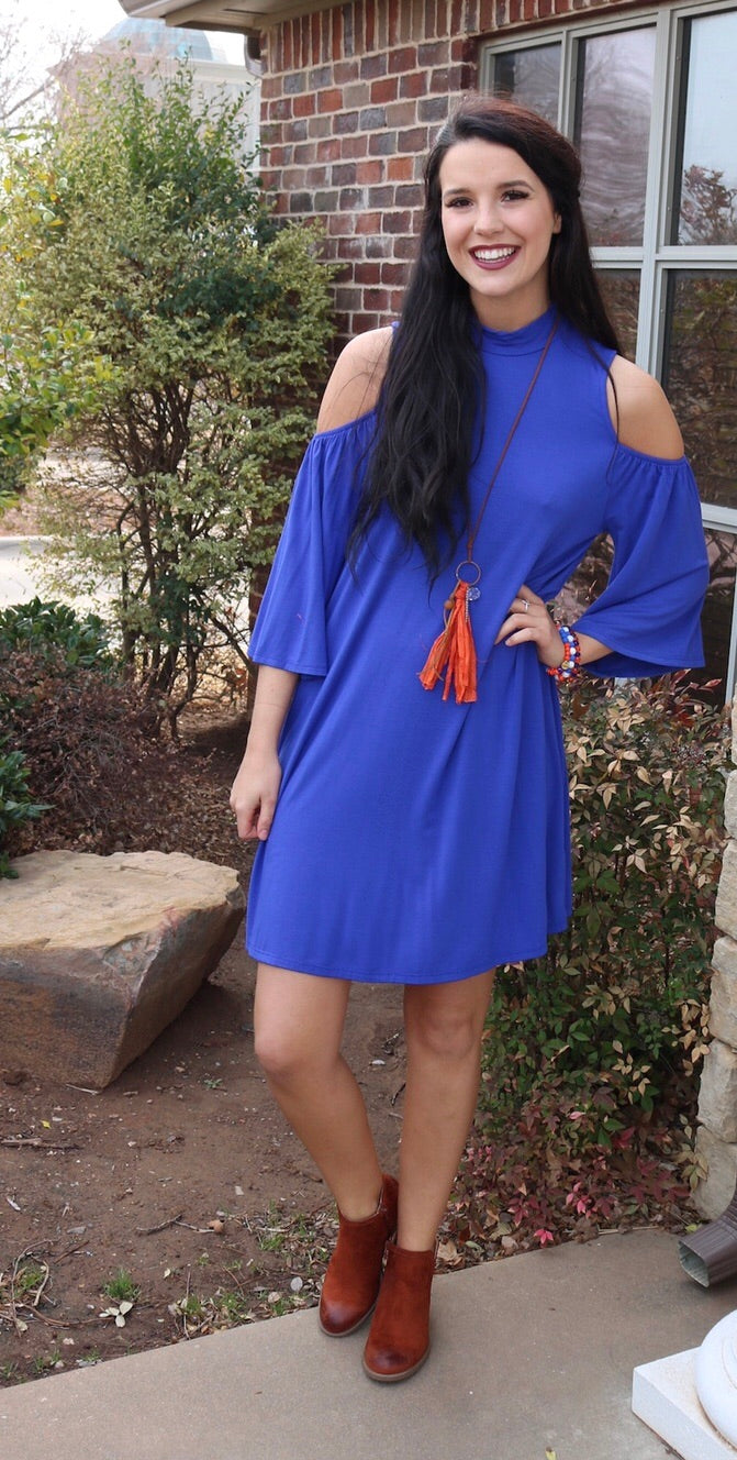 PEAKED MockNeck OpenShoulder Knit Shift Dress