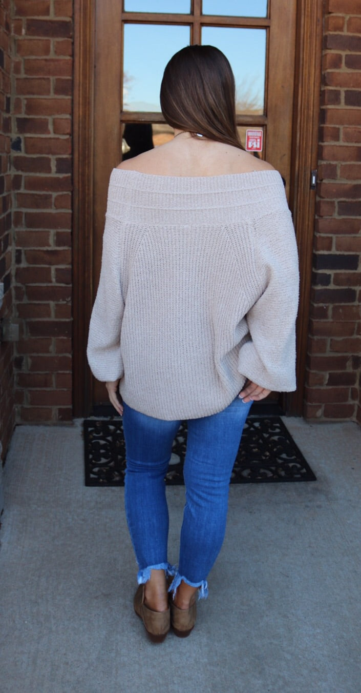 FIRESIDE OffShoulder/BoatNeck BubbleSleeve Knit Sweater Top
