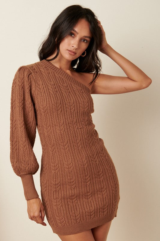 *PREDATOR OneShoulder Bisop! Sleeve CableKnit Sweater Dress