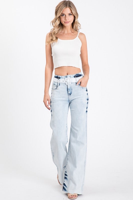 GIGI High Waisted Acid Wash Belted Stretch Flare Jean